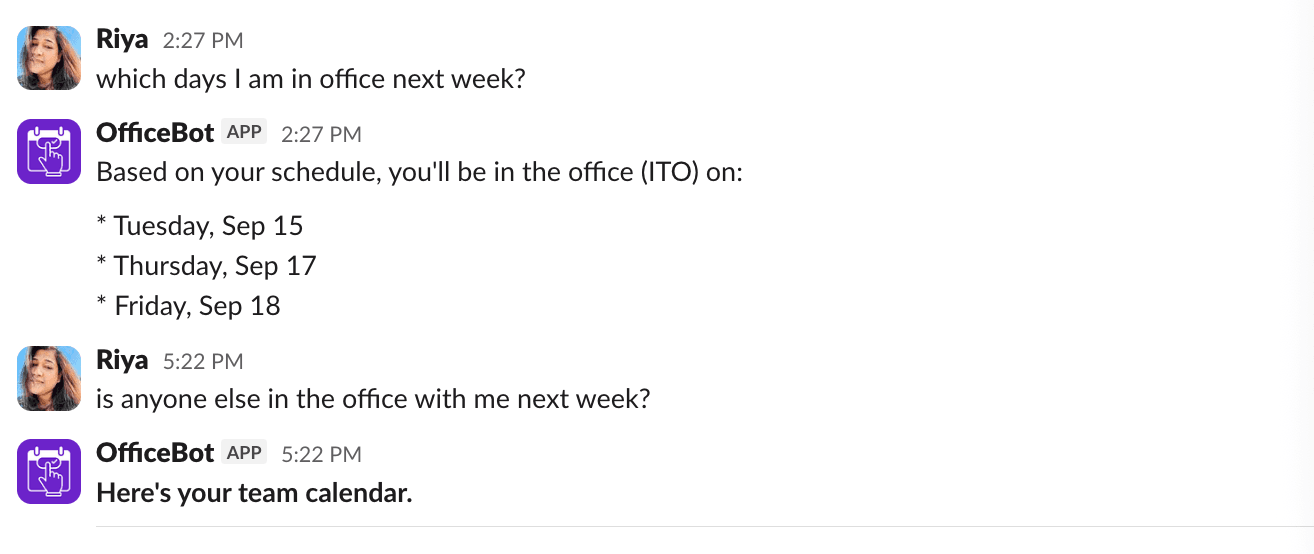 Officebot answering a natural-language question about upcoming office days