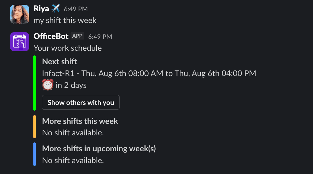 Officebot Slack my shifts view